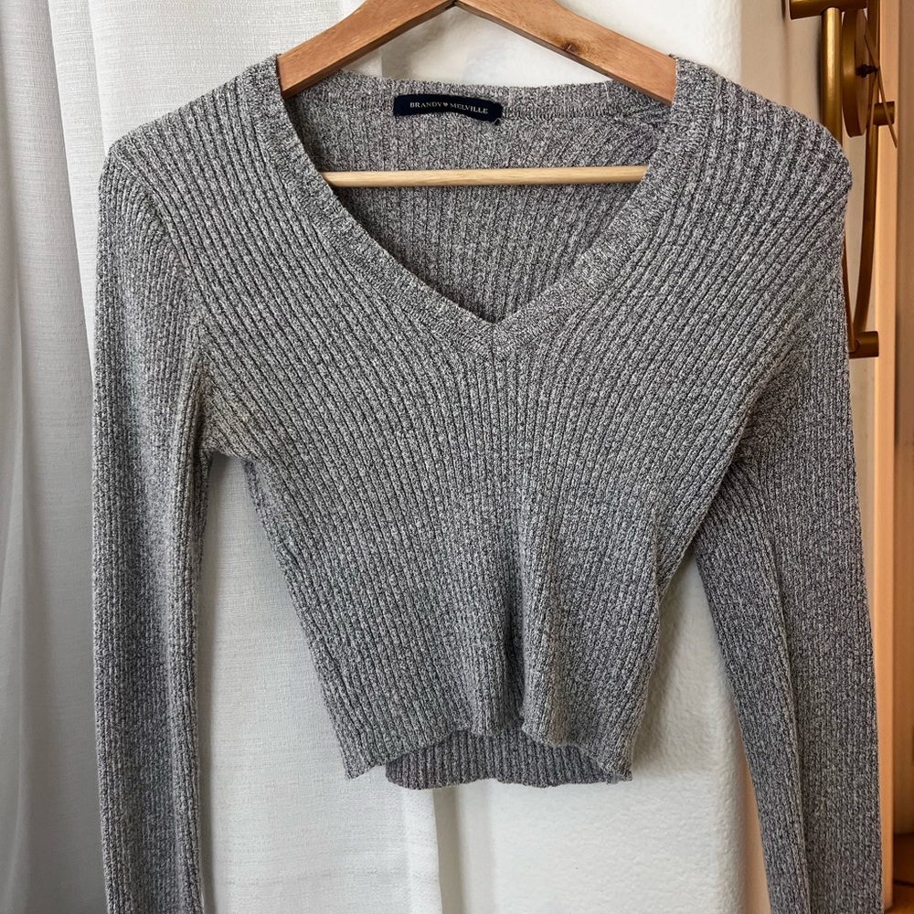 Gray Ribbed V-Neck Sweater